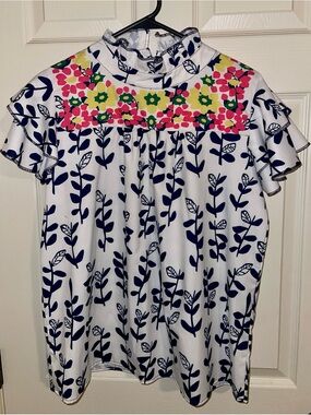Floral Yoke Ruffle Sleeve Blouse - Navy & White with Pink & Yellow Accents